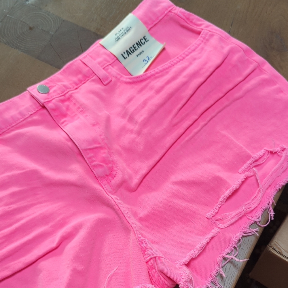 L'AGENCE Neon Pink Distressed Jean Shorts